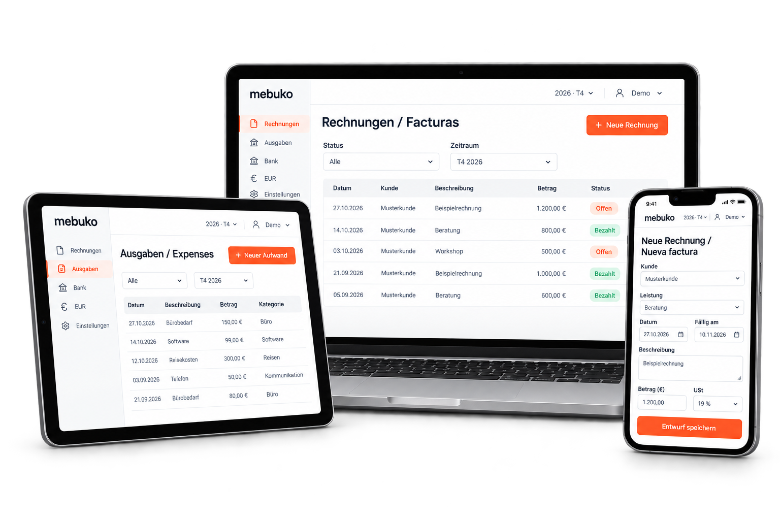 Mebuko auf MacBook, iPad und iPhone mit Beispieldaten